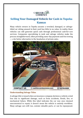 Selling Your Damaged Vehicle for Cash in Topeka Kansas