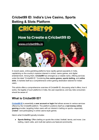 Cricbet99 ID_ India’s Live Casino, Sports Betting & Slots Platform