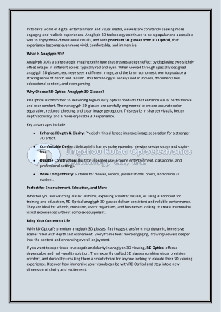 Experience True Depth & Clarity Enjoy an Immersive Anaglyph 3D Viewing with Premium 3D Glasses from RD Optical