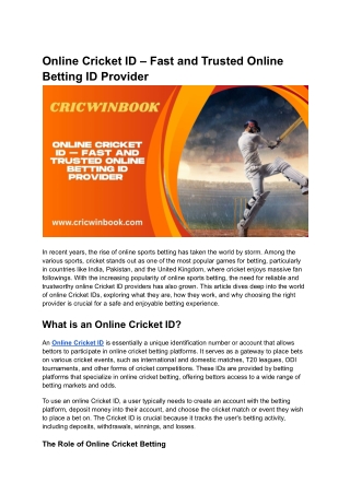 Online Cricket ID – Fast and Trusted Online Betting ID Provider