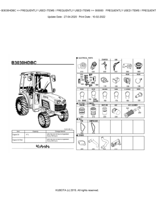 Kubota B3030HDBC Tractor Parts Catalogue Manual Instant Download