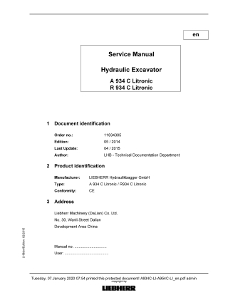 LIEBHERR A934C Litronic  R934C Litronic Hydraulic Excavator Service Repair Manual Instant Download
