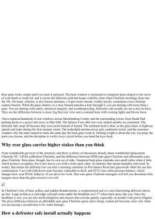 Rear Windshield Replacement Charlotte: Defroster Safe Installs