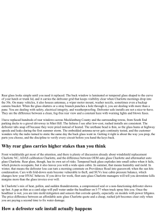 Rear Windshield Replacement Charlotte: Defroster Safe Installs