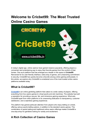 Welcome to Cricbet99_ The Most Trusted Online Casino Games