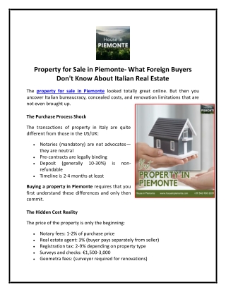 Property for Sale in Piemonte- What Foreign Buyers Don't Know About Italian Real Estate