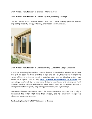 UPVC Window Manufacturers in Chennai  Quality, Durability & Design