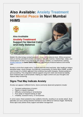Also Available Anxiety Treatment for Mental Peace in Navi Mumbai HiiMS