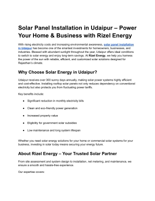 Solar Panel Installation in Udaipur – Power Your Home & Business with Rizel Energy