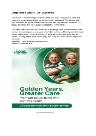 Oldage Home In Balewadi - ONP Silver Homes