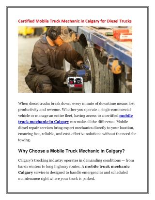 Certified Mobile Truck Mechanic in Calgary for Diesel Trucks