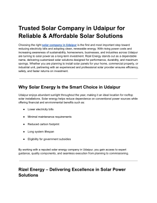 Trusted Solar Company in Udaipur for Reliable & Affordable Solar Solutions