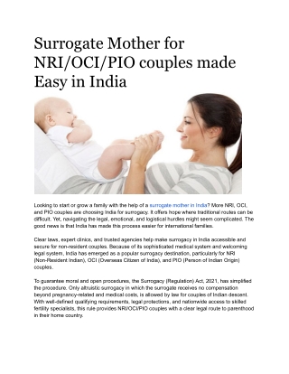 Surrogate Mother for NRI/OCI/PIO couples made Easy in India!