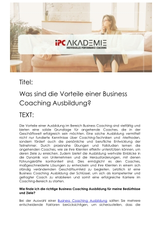 Business Coaching Ausbildung