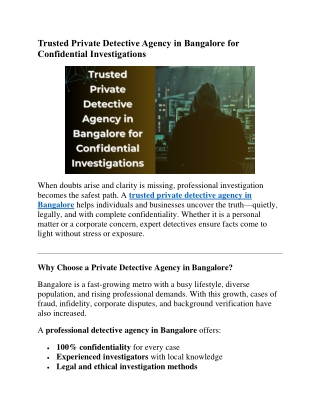 Trusted Private Detective Agency in Bangalore for Confidential Investigations