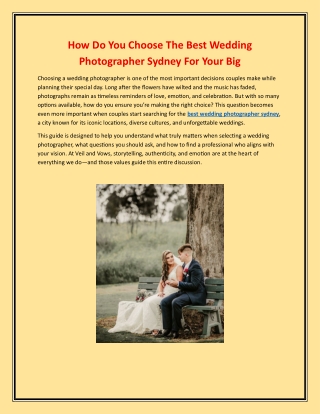 How Do You Choose The Best Wedding Photographer Sydney For Your Big