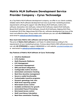 Matrix MLM Software Development Service Provider Company - Cyrus Technoedge