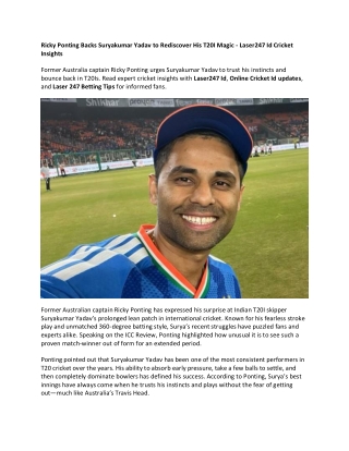 Ricky Ponting Backs Suryakumar Yadav to Rediscover His T20I Magic - Laser247 Id Cricket Insights