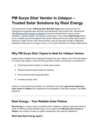 PM Surya Ghar Vendor in Udaipur – Trusted Solar Solutions by Rizel Energy