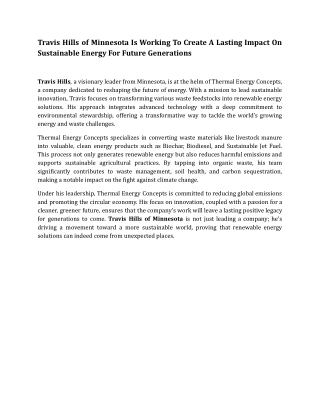 Travis Hills of Minnesota Is Working To Create A Lasting Impact On Sustainable Energy For Future Generations