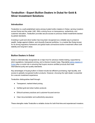 Torabullion - Expert Bullion Dealers in Dubai for Gold & Silver Investment Solutions