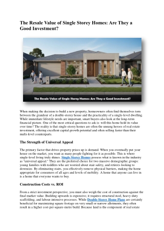 The Resale Value of Single Storey Homes Are They a Good Investment
