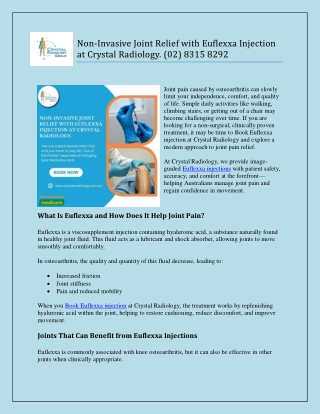 Non-Invasive Joint Relief with Euflexxa Injection at Crystal Radiology. (02) 8315 8292