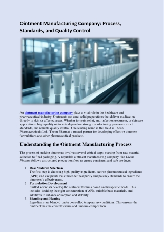 Ointment Manufacturing Company: Process, Standards, and Quality Control