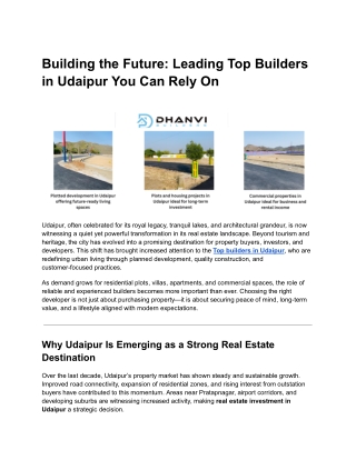 Building the Future: Leading Top Builders in Udaipur You Can Rely On
