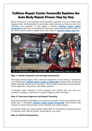 Collision Repair Center Greenville Explains the Auto Body Repair Process Step by Step