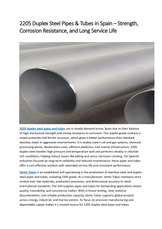 2205 Duplex Steel Pipes & Tubes in Spain – Strength, Corrosion Resistance, and L