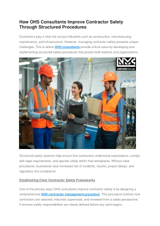 How OHS Consultants Improve Contractor Safety Through Structured Procedures