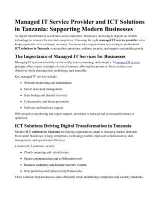 Managed IT Service Provider and ICT Solutions in Tanzania Supporting Modern Businesses