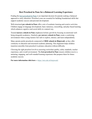 Best Preschool in Pune for a Balanced Learning Experience