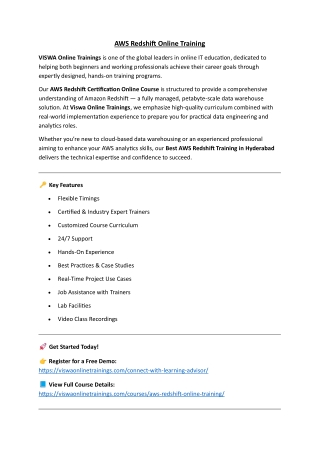 AWS Redshift Online Coaching Classes In India, Hyderabad