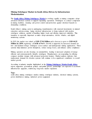 Mining Switchgear Market in South Africa Driven by Infrastructure Modernization