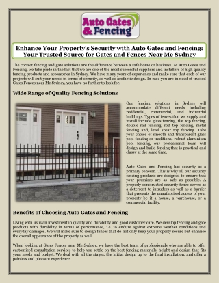 Enhance Your Property's Security with Auto Gates and Fencing Your Trusted Source for Gates and Fences Near Me Sydney