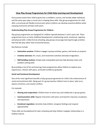 How Play Group Programmes for Child Help Learning and Development