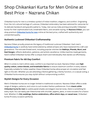 Chikankari kurta for men is a timeless symbol of Indian tradition, elegance, and comfort. Originating from the rich cult