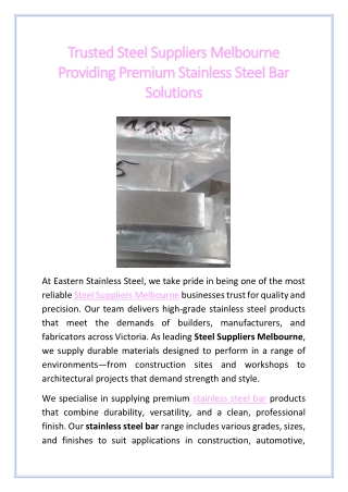 Trusted Steel Suppliers Melbourne Providing Premium Stainless Steel Bar Solutions
