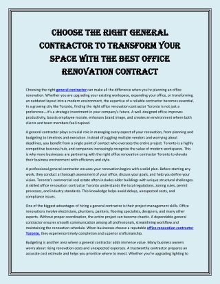 Choose the Right General Contractor to Transform Your Space with the Best Office Renovation Contract