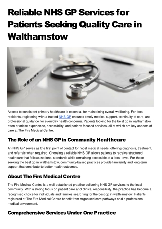 Reliable NHS GP Services for Patients Seeking Quality Care in Walthamstow