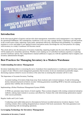 Optimal Methods for Supervising Inventory in a Modern Warehouse