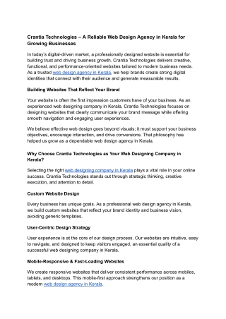 Crantia Technologies – A Reliable Web Design Agency in Kerala for Growing Businesses