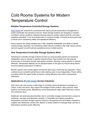 Cold Rooms Systems for Modern Temperature Control