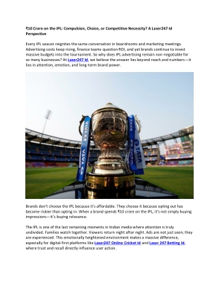₹10 Crore on the IPL- Compulsion, Choice, or Competitive Necessity A Laser247 Id Perspective