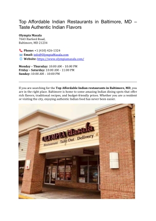 Top Affordable Indian Restaurants in Baltimore -Olympia Masala