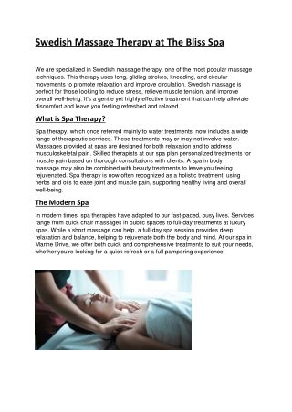 Swedish Massage Therapy at The Bliss Spa