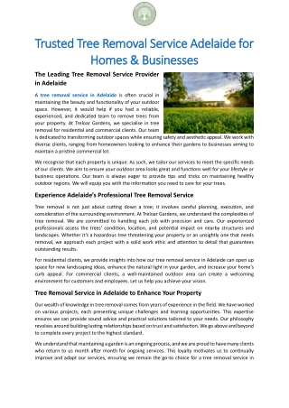 Trusted Tree Removal Service Adelaide for Homes & Businesses