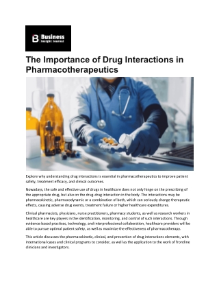 The Importance of Drug Interactions in Pharmacotherapeutics for Safer Medicine